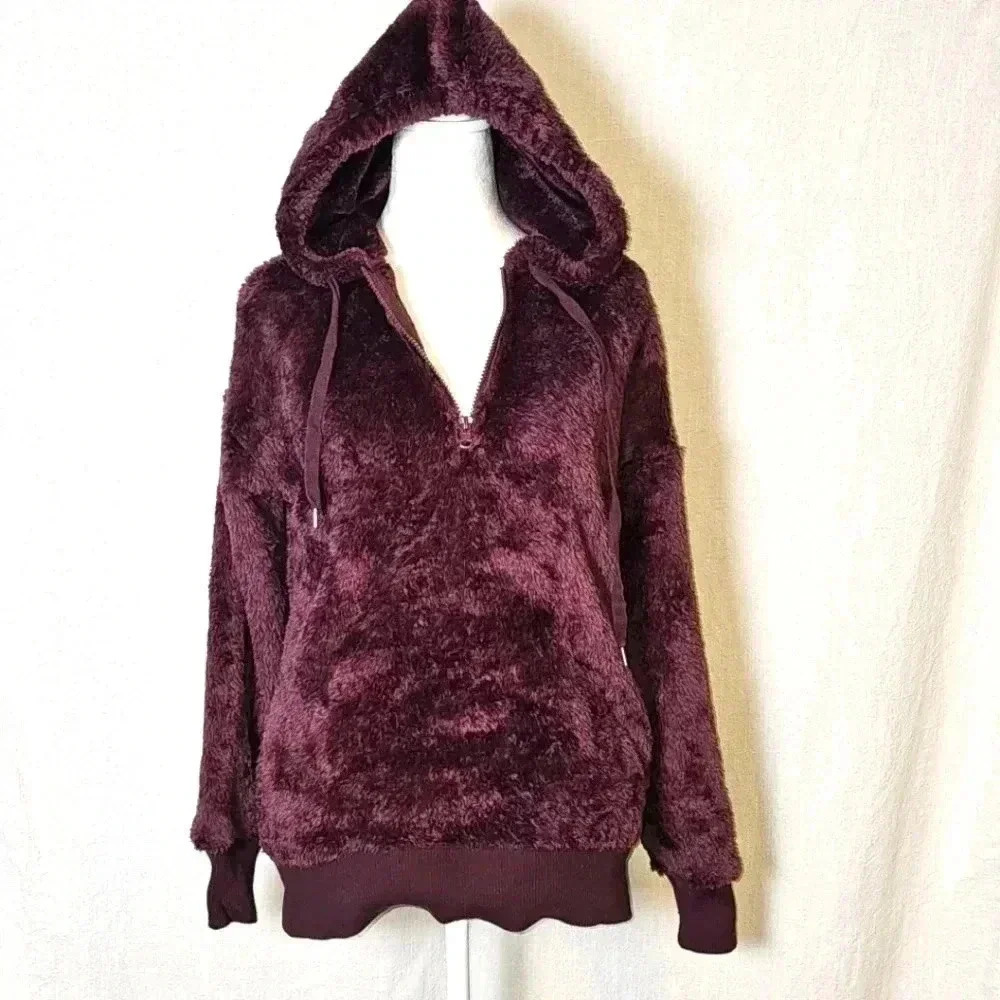 Aerie Faux Fur Purple Teddy Sherpa 1/4 Zip Hoodie W Pockets Sz XS